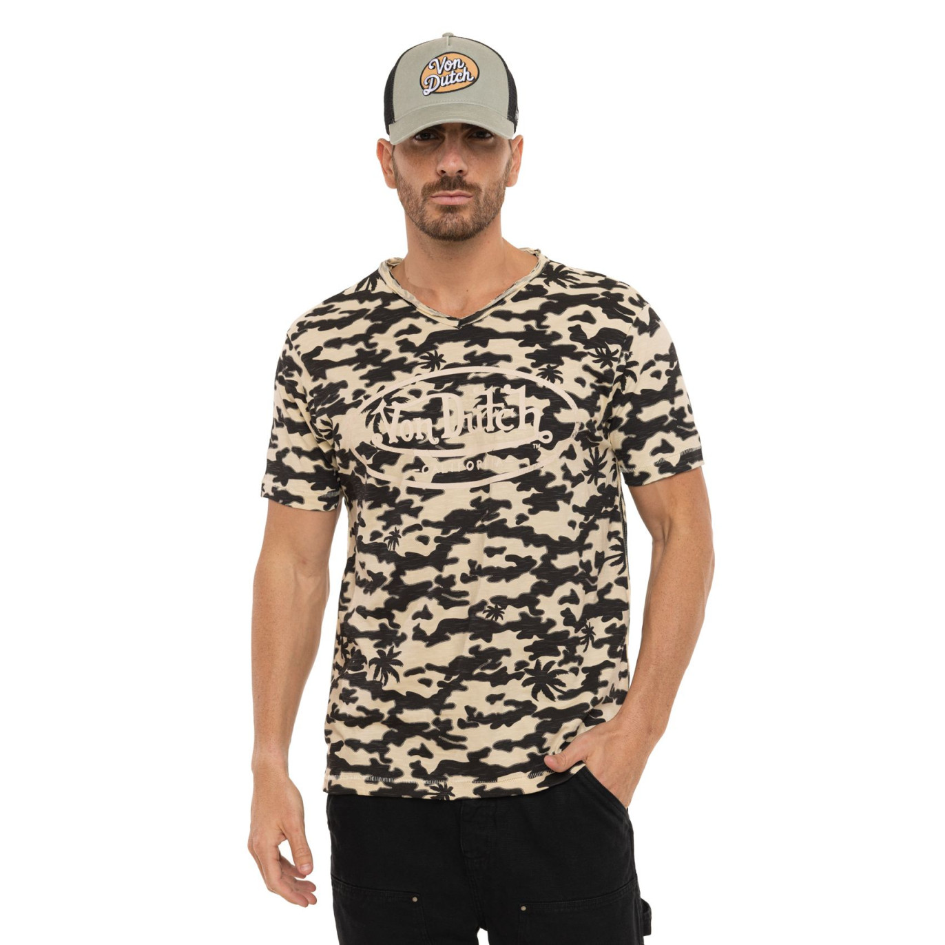 Tee Shirt Noir coupe Régular Col V effet Flammé RON | Homme - Vondutch