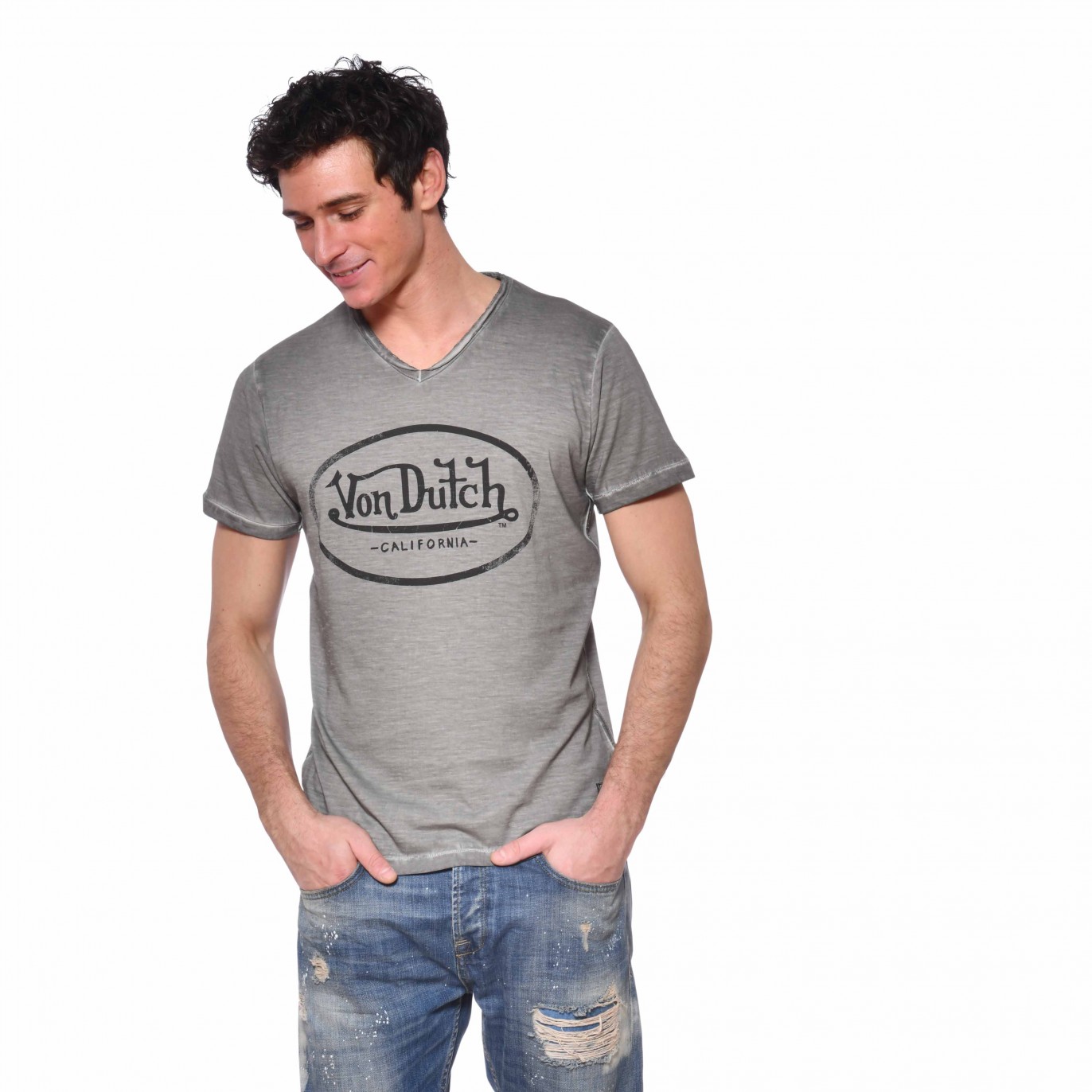 Tee Shirt Gris coupe Slim Col V effet Flammé, Usé RON | Homme - Vondutch Vondutch - 1